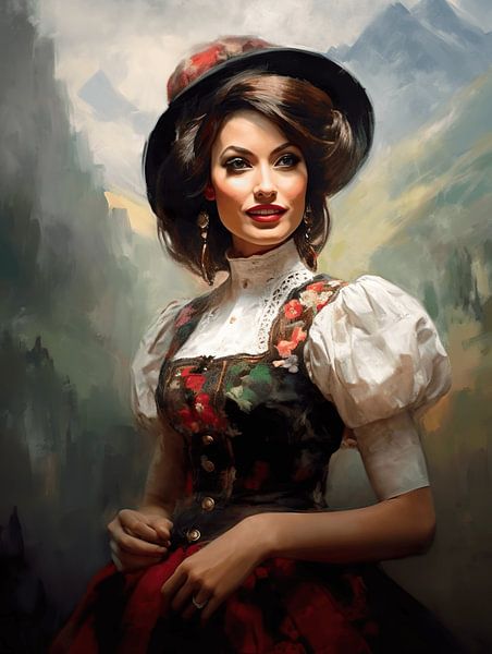 Beautiful woman in the Black Forest with Bollenhut, oil by ColorWorldwide