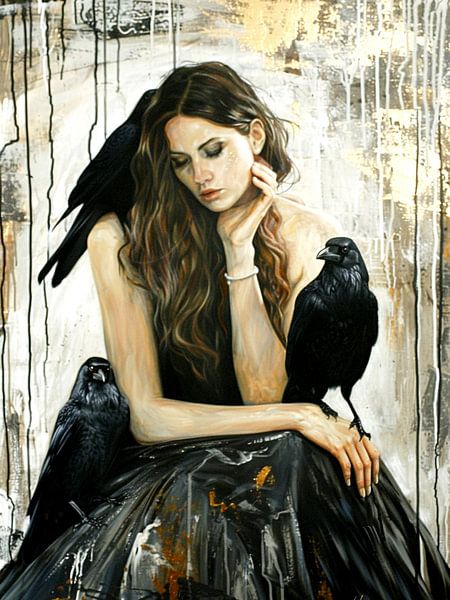 Jonge vrouw zwarte jurk raaf melancholische graffiti van gm_designs