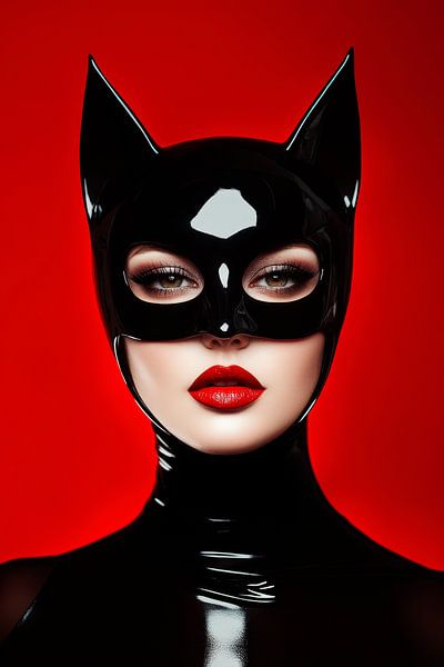 Visage de chat séduisant devant le rouge par Poster Art Shop