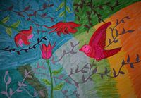 Fliegender Vogel am bunten Himmel