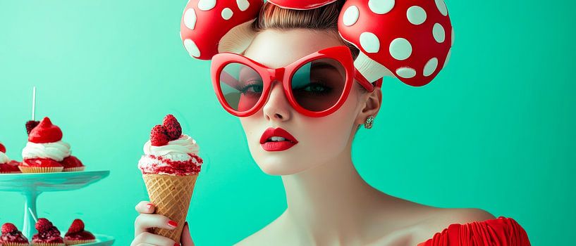 Femme avec cornet de glace et regard rétro par Poster Art Shop