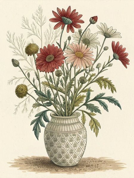 Vintage botanische Illustration einer lebendigen Aster und Chrysantheme Blumenstrauß in einer dekorativen Vase von Artistic