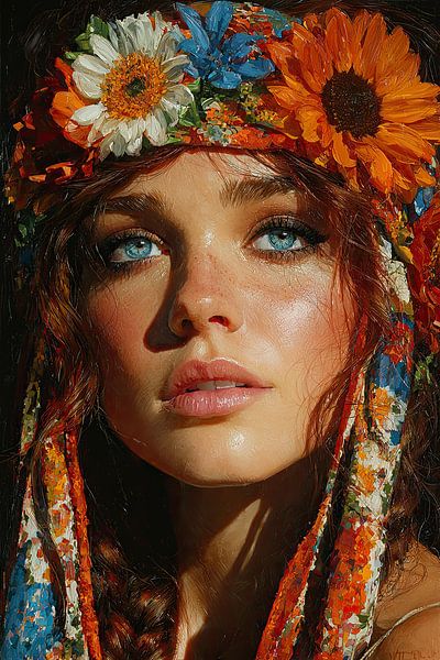 Kunst Frau mit Blumendruck von Egon Zitter