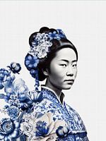 Japanese woman in Delftware on White background, modern variation on a Geisha portrait