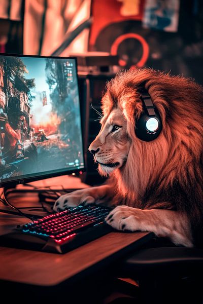 Der zockende Löwe am PC von Poster Art Shop