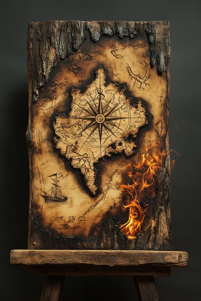 Treasure map burnt into a wooden stool by Digitale Schilderijen