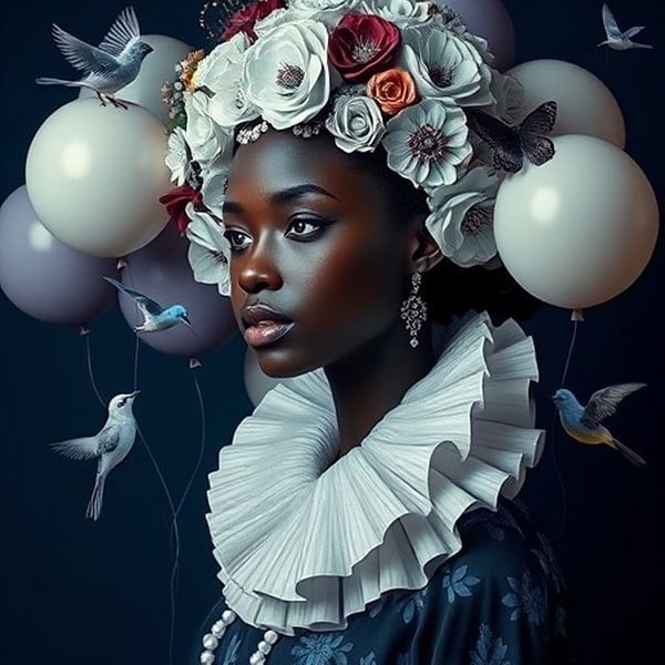 Portret delfts blauw art zwart-afro meisje met bloemen. van J.a Dijkstra