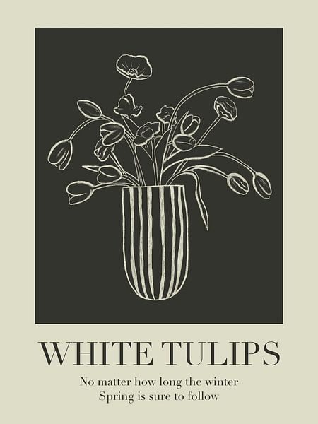 Tulipes blanches, tulipes blanches avec un texte sur l'hiver et le printemps. par Hella Maas