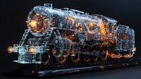 Mécanique transparente : locomotive à vapeur illuminée en verre et en bronze