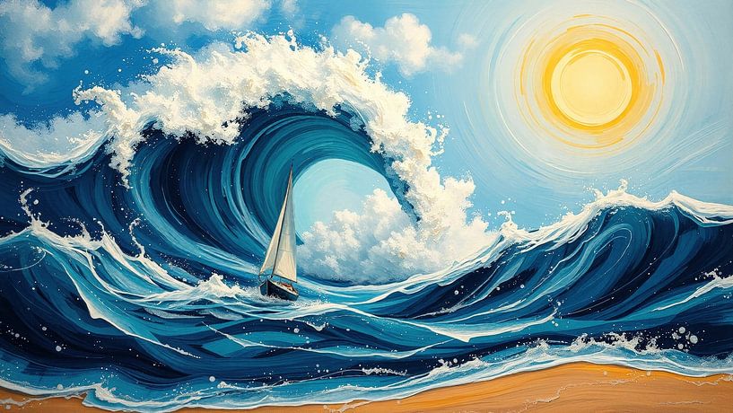Vagues déchaînées - voilier fuyant les profondeurs un jour d'été sous un soleil radieux par AidasignArt