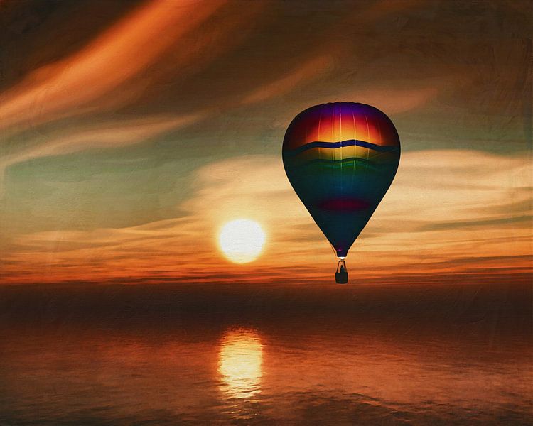 Hot air balloon sail over the sea sunset by Jan Keteleer