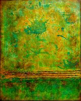 Abstrakte Malerei, raue Texturen Erdtöne mit Grün und Gelb