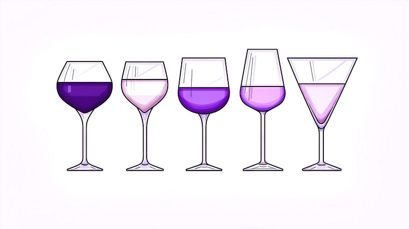 Five glasses with purple and pink drinks by Frank Heinz