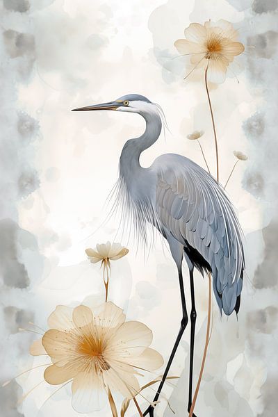 Japandi, Reiher mit Blütenduftzweig von Caroline Guerain