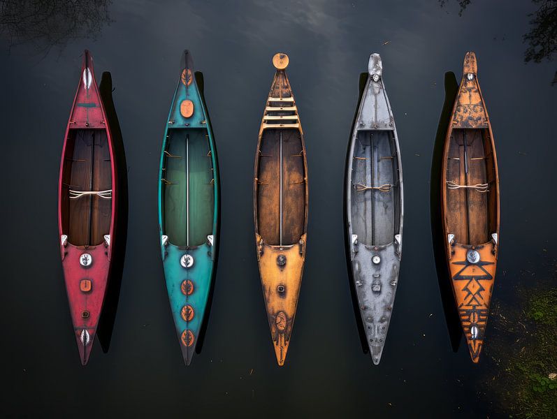 Canoe&#039;s in different colours, American native by Bert Meijer