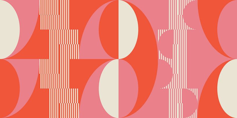Geometrisches Retro-Kunstwerk mit Kreisen und Streifen in Rosa und Orange von Dina Dankers