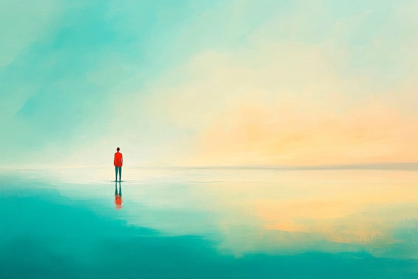 Figure solitaire au bord de l'eau au lever du soleil par Poster Art Shop