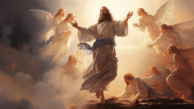 Gemälde von Jesus Christus in einem weißen Gewand mit Engel-Malerei-Aquarell-Kunstdesign von Animaflora PicsStock