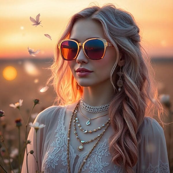 Boho Luxe - Frau mit goldener Brille und Diamanten im Blumenfeld von Kleurenrijk
