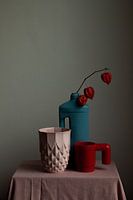 Still life of vases in beautiful color combination with lanterns