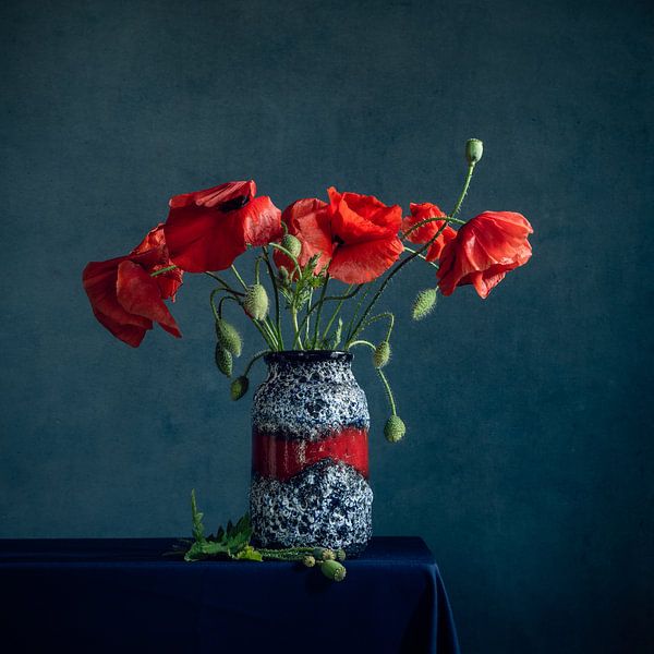 Poppies still life in vintage vase by Mariska Vereijken