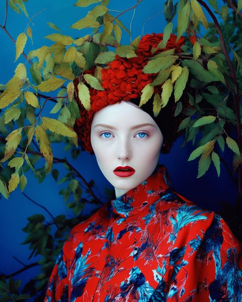 Portrait moderne en rouge et bleu par Carla Van Iersel