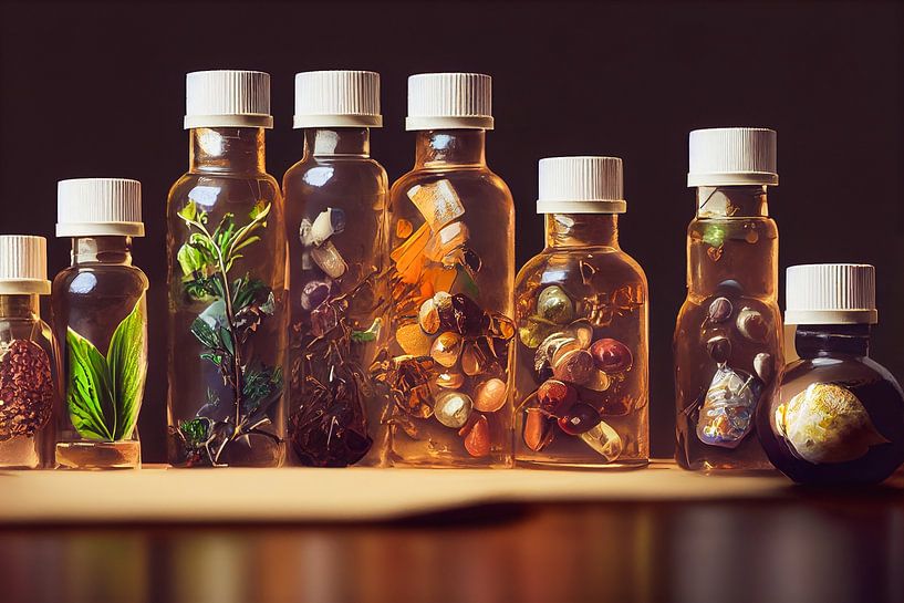 Many bottles of medicine and spice background by Animaflora PicsStock