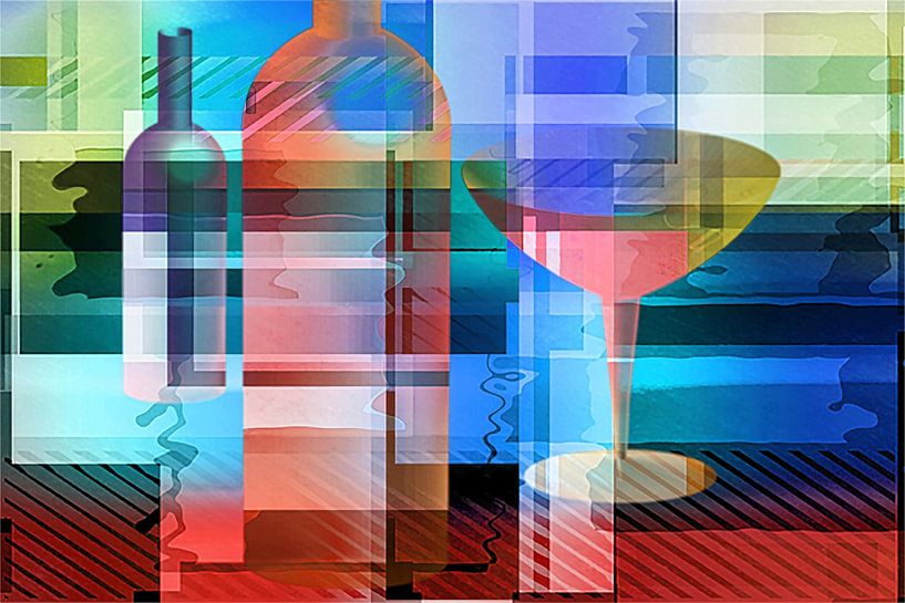 Stilleben mit Flasche und Glas, kubistisch von Rietje Bulthuis