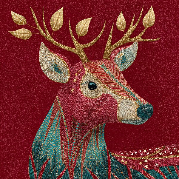 Cerf en or Fantaisie Motifs ornés sur rouge foncé par Eva Lee