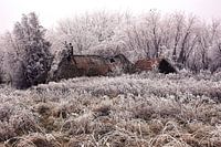 Winter magic at the thatched roof house in nature