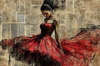 Frau im roten Kleid - Elegante Urban Street Art Malerei