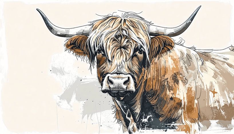 Schotse hooglander tekening in waterverf stijl in beige roodbruin en taupe van Emiel de Lange
