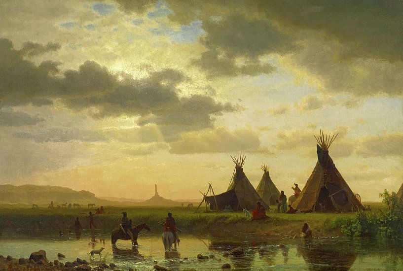 Albert Bierstadt, Blick auf Chimney Rock, Ogalilah Sioux Villag von finemasterpiece