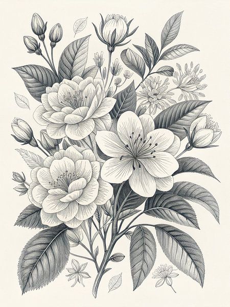 Viktorianische botanische Illustration von eleganten weißen Blüten von Artistic