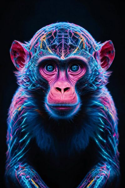 Futuristisches Neon-Porträt eines bunten Affen von Art & Soul Creations