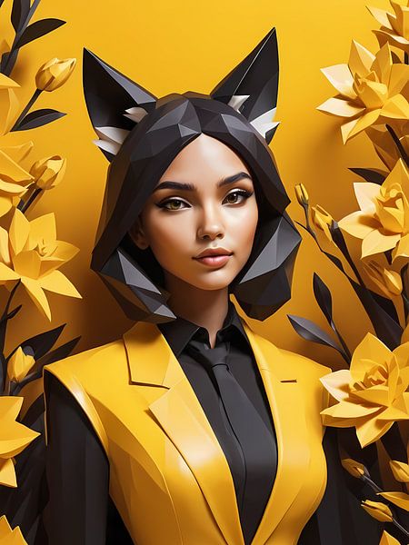 Low poly floral fox girl, schwarz und gelb von 1xMerch
