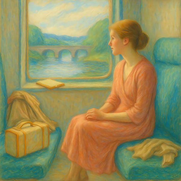 At the Window. Woman on train looks out. A moment of travel, peace and inner reflection by Basahen