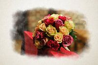 Elegant bouquet of mixed roses on a decorated pew in watercolour