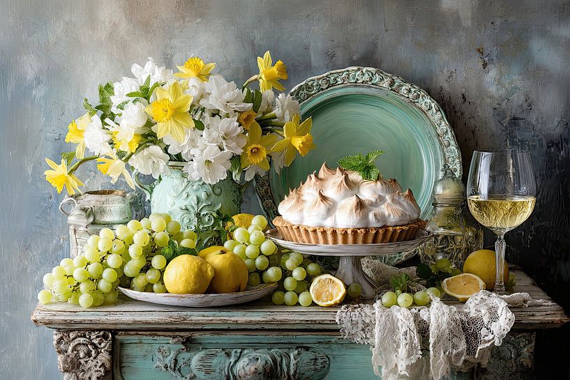Tarte au citron, raisins et fleurs printanières - Nature morte champêtre par Joriali photographie et peintures