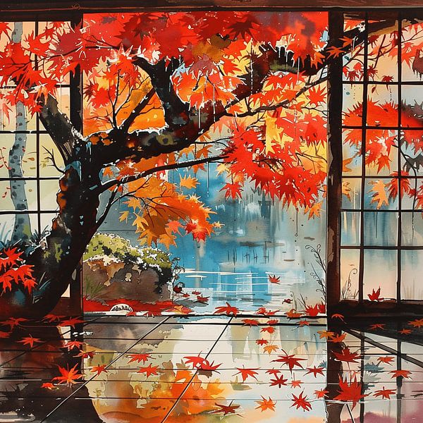 City autumn balcony maple leaves romance nostalgia by gm_designs