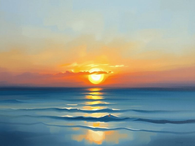 Sieben-Wörter-Titel: Goldene Sonne senkt sich über ruhige Meereswellen von Artistic