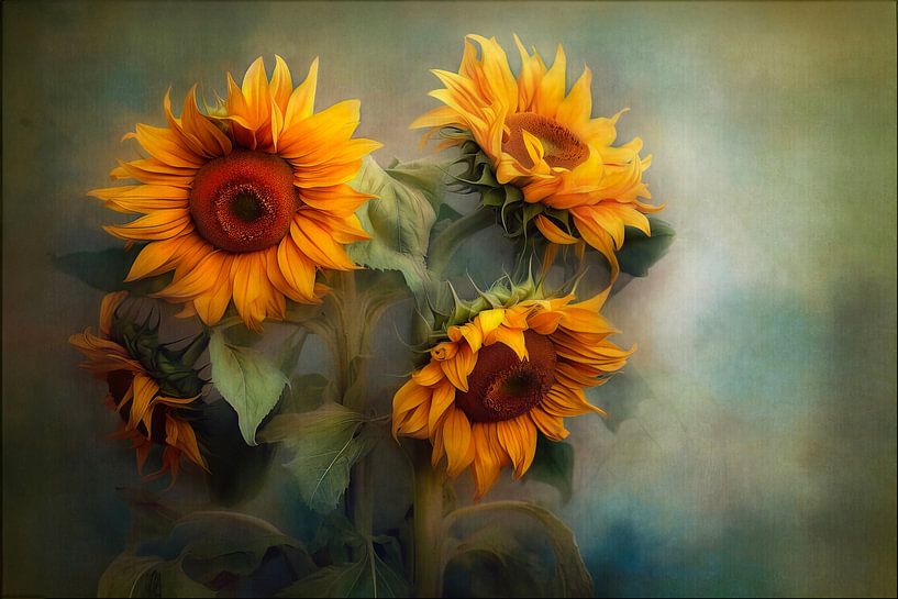 Eine Gruppe von Sonnenblumen in warmen Orange-Gelb-Tönen vor einem sanften, malerischen Hintergrund. von Joriali Fotografie und Gemälde