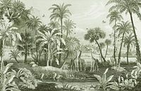 Vintage jungle with giraffes and birds. Palms and ferns.