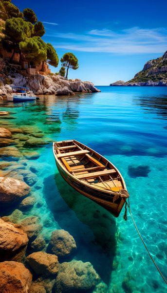 Fischerboot vor Anker in der Bucht von Griechisch Lakritz von Vlindertuin-Art