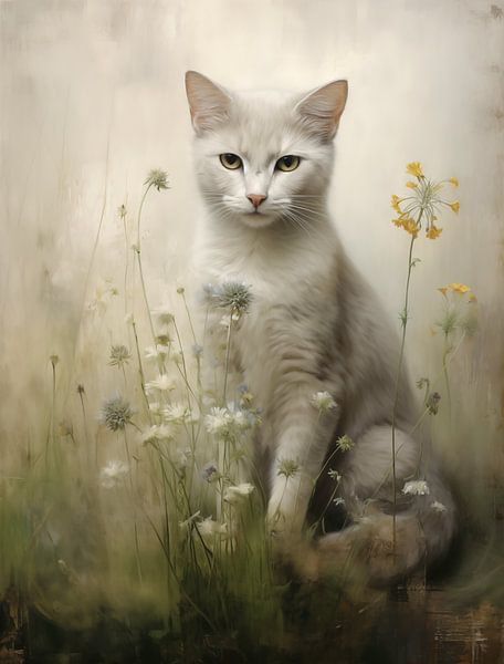Light grey cat among flowers by Emil Husstege