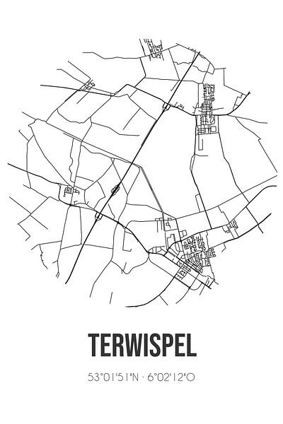 Terwispel (Fryslan) | Carte | Noir et blanc par Affiches de lieux