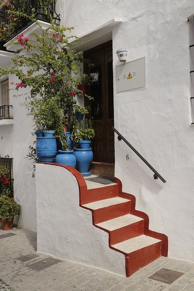 stairs with blue flower pots by Cora Unk
