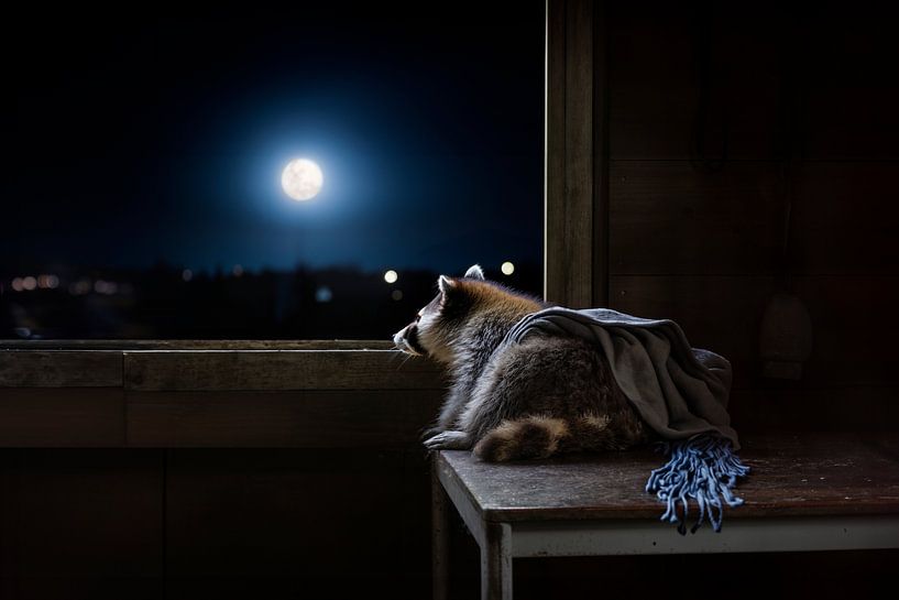 Raton laveur serein au clair de lune : Moment de détente sur une table en bois par Elianne van Turennout