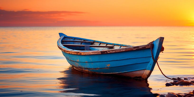 Altes Ruderboot bei Sonnenuntergang von Vlindertuin-Art