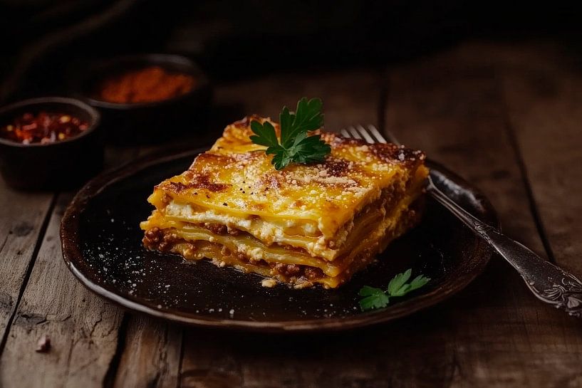Layered lasagne on a rustic plate by Poster Art Shop